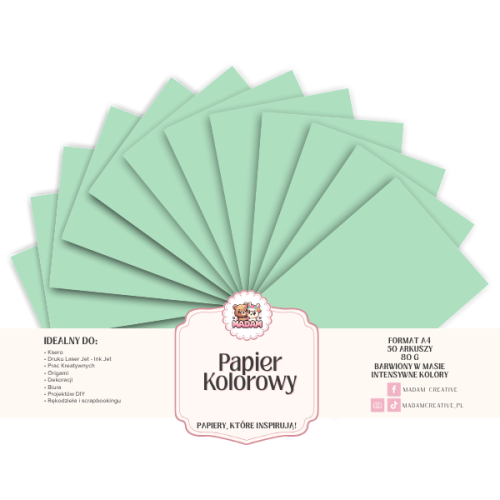 Papier Ksero Kolorowy Miętowy pastelowy A4 80g 50 arkuszy, MaDam Creative