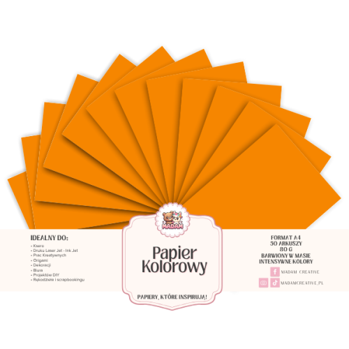 Papier Ksero Kolorowy Pomarańczowy intensywny A4 80g 50 arkuszy, MaDam Creative