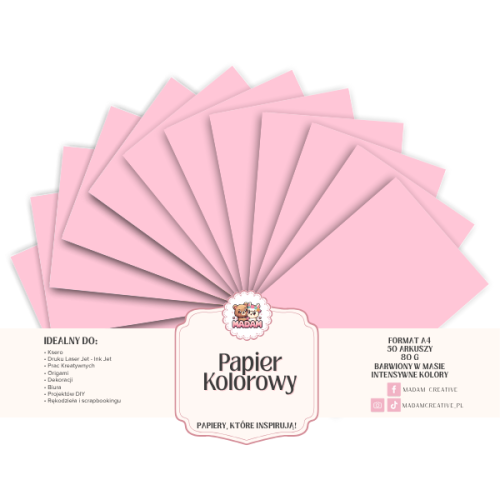 Papier Ksero Kolorowy Róż pastelowy A4 80g 50 arkuszy, MaDam Creative