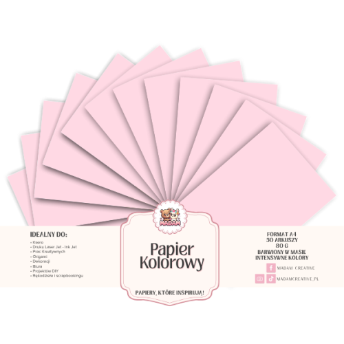 Papier Ksero Kolorowy Jasny róż cukierkowy A4 80g 50 arkuszy, MaDam Creative
