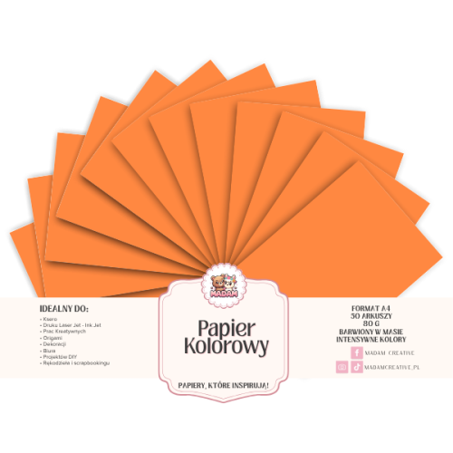 Papier Ksero Kolorowy Pomarańczowy dyniowy A4 80g 50 arkuszy, MaDam Creative