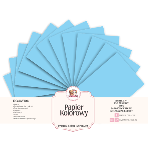Papier Ksero Kolorowy Błękit nieba A4 80g 100 arkuszy, MaDam Creative