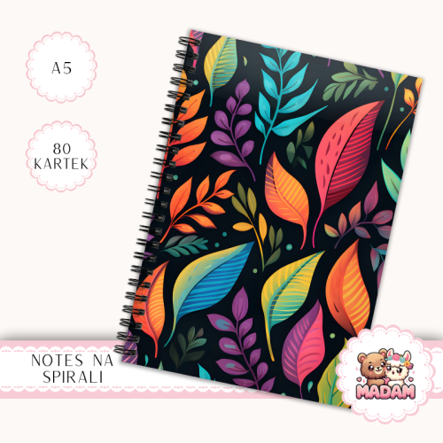 Notes A5 w kratkę 80 kartek Kolorowe Liście Neonowe Wzory MaDam Creative