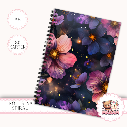 Notes A5 w kropki 80 kartek Fioletowe Kwiaty Magic Night MaDam Creative