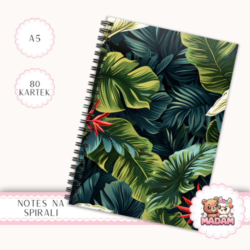 Notes A5 w kratkę 80 kartek Liście Tropikalne Ciemne Tło MaDam Creative