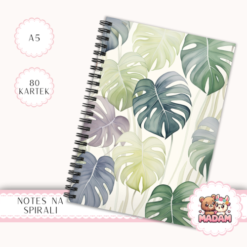 Notes A5 w kratkę 80 kartek Liście Monstery Pastelowe Boho MaDam Creative