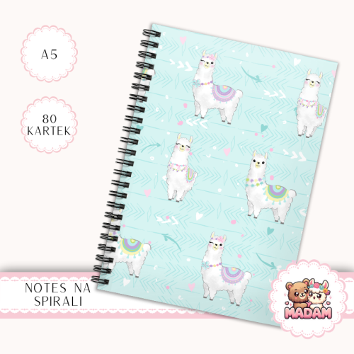 Notes A5 gładki 80 kartek Lama Pastelowy Turkusowy Wzór MaDam Creative