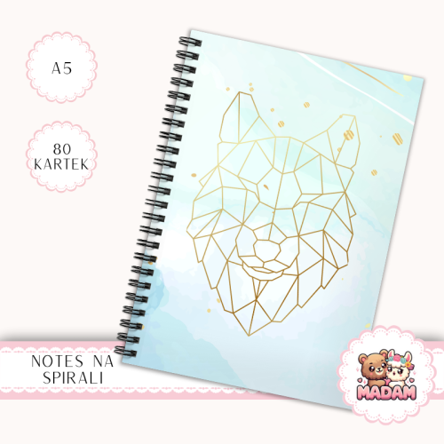 Notes A5 w kratkę 80 kartek Wilk Geometryczny Turkus Złoto MaDam Creative