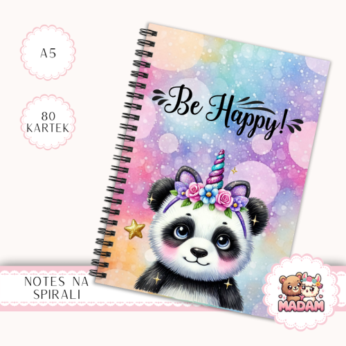 Notes A5 gładki 80 kartek Be Happy Panda Jednorożec MaDam Creative