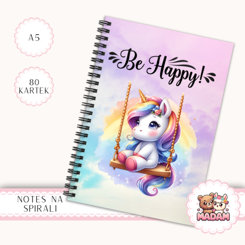 Notes A5 gładki 80 kartek Be Happy Jednorożec na Huśtawce MaDam Creative
