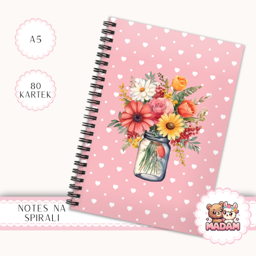 Notes A5 w kropki 80 kartek Kwiaty w Słoiku Różowy Pastelowy MaDam Creative