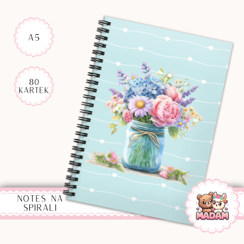 Notes A5 w gładki 80 kartek Bukiet Kwiatów w Słoiku Niebieski MaDam Creative