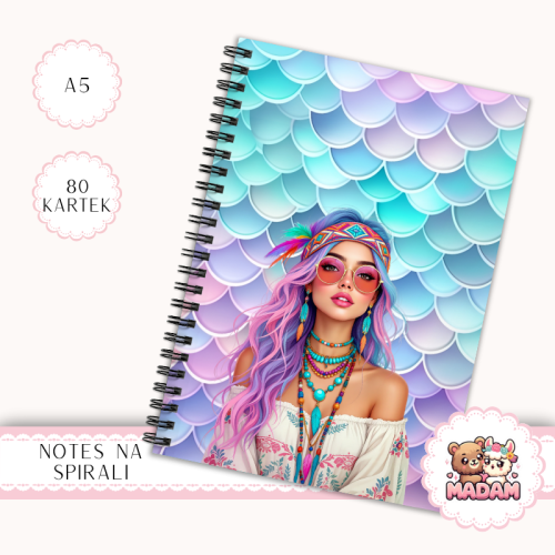 Notes A5 w gładki 80 kartek Dziewczyna Boho Różowe Włosy MaDam Creative