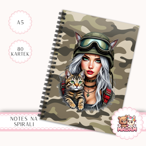 Notes A5 w kratkę 80 kartek Dziewczyna z Kotem Militarne Boho MaDam Creative