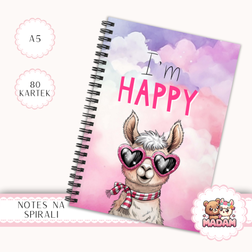 Notes A5 gładki 80 kartek Lama I’m Happy Różowy Pastelowy MaDam Creative