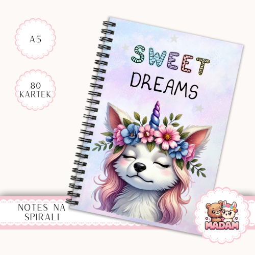 Notes A5 w kropki 80 kartek Sweet Dreams Piesek z Kwiatami MaDam Creative