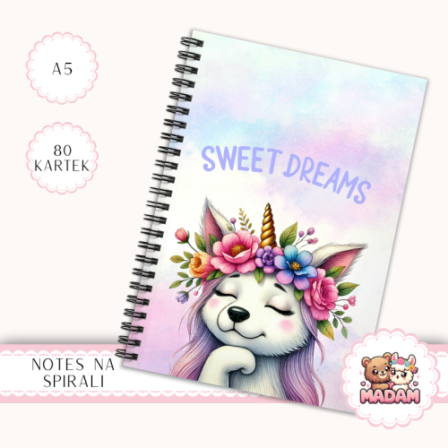 Notes A5 w kratkę 80 kartek Sweet Dreams Piesek Jednorożec MaDam Creative