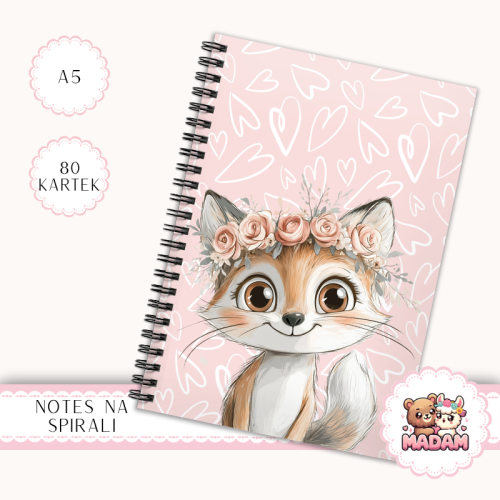 Notes A5 w kratkę 80 kartek Lisek w Wianku Różowy Pastelowy MaDam Creative