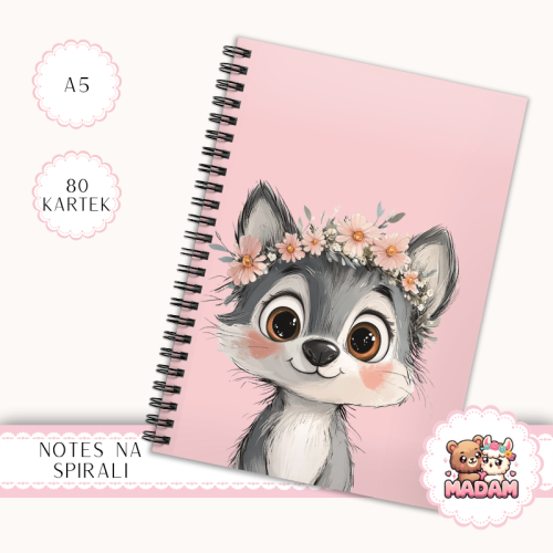 Notes A5 w kropki 80 kartek Wilczek w Wianku Różowe Kwiaty MaDam Creative
