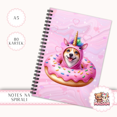 Notes A5 gładki 80 kartek Pies Jednorożec Donut Różowy MaDam Creative