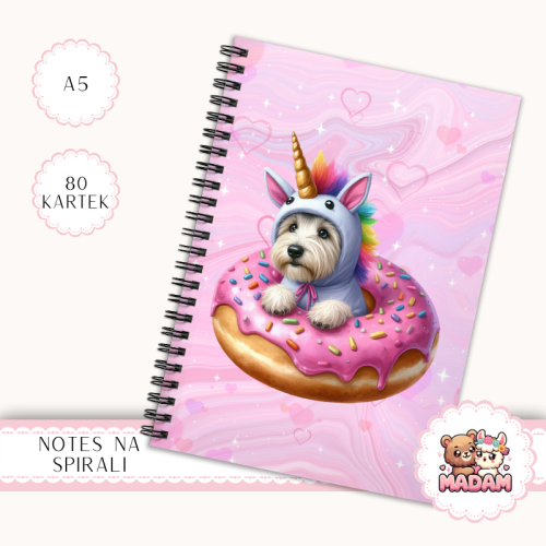 Notes A5 w kropki 80 kartek Piesek Jednorożec Donut Różowy 2 MaDam Creative