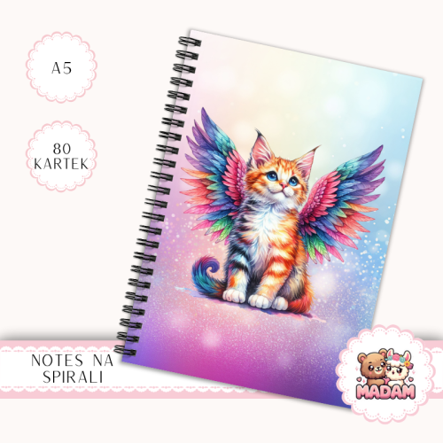 Notes A5 w kratkę 80 kartek Kot Aniołek Tęczowe Skrzydła MaDam Creative