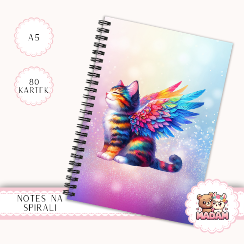 Notes A5 w kropki 80 kartek Kot Tęczowe Skrzydła Pastelowy MaDam Creative