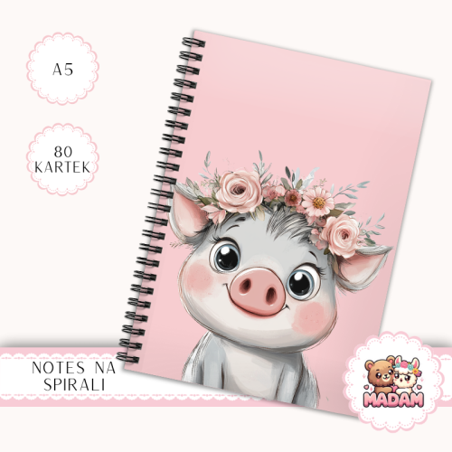 Notes A5 w kratkę 80 kartek Świnka w Wianku Kwiatowym MaDam Creative