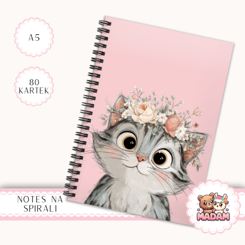 Notes A5 gładki 80 kartek Kot w Wianku Pastelowy Róż MaDam Creative