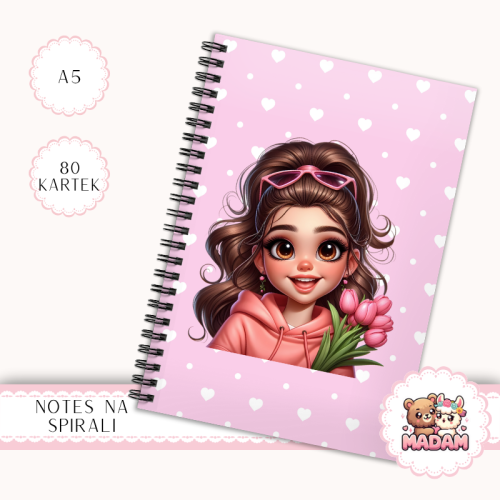 Notes A5 gładki 80 kartek Dziewczyna z Tulipanami Różowe Serduszka MaDam Creative