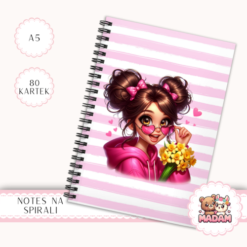 Notes A5 w kratkę 80 kartek Dziewczyna z Kwiatami Różowa Bluza MaDam Creative