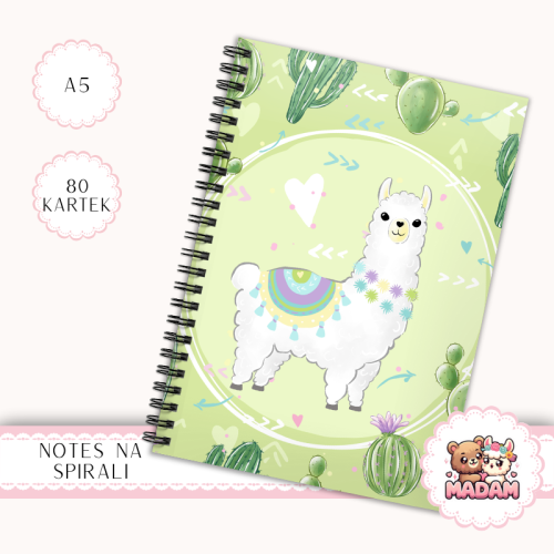 Notes A5 w kratkę 80 kartek Lama z Kaktusami Zielony Pastel MaDam Creative