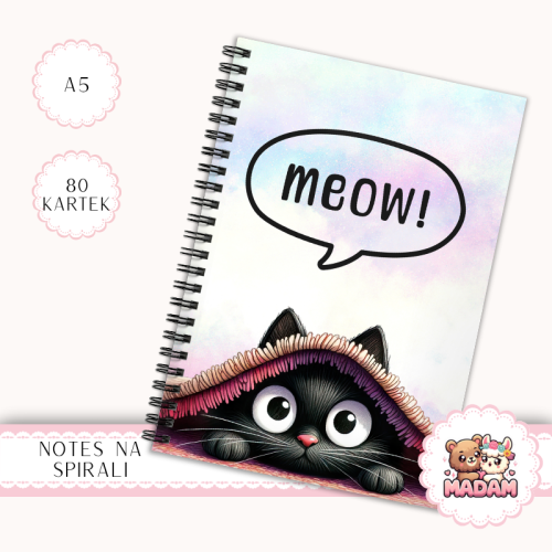 Notes A5 gładki 80 kartek Czarny Kot Meow Kocyk MaDam Creative