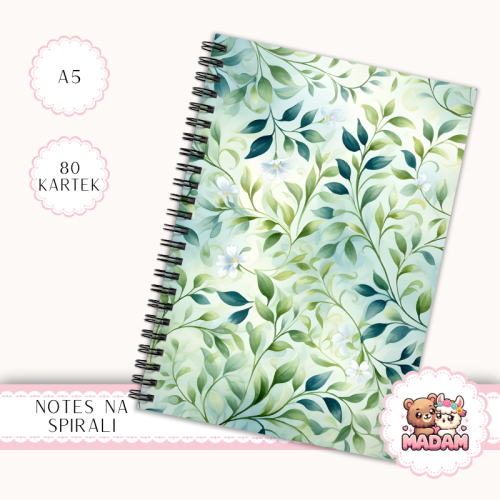Notes A5 w kratkę 80 kartek Zielone Liście Akwarelowy Styl MaDam Creative