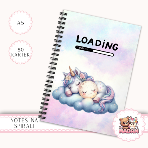 Notes A5 w kropki 80 kartek Jednorożec Loading na Chmurce MaDam Creative