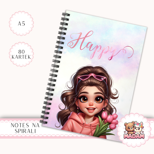 Notes A5 w kratkę 80 kartek Dziewczyna Happy z Tulipanami MaDam Creative