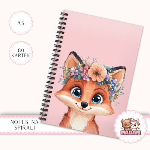 Notes A5 w kratkę 80 kartek Lisek w Wianku Kwiatowym MaDam Creative