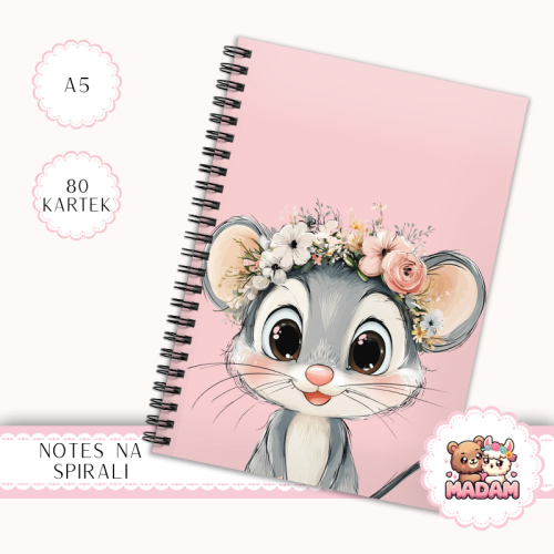 Notes A5 w kratkę 80 kartek Myszka w Wianku Pastelowy Róż MaDam Creative