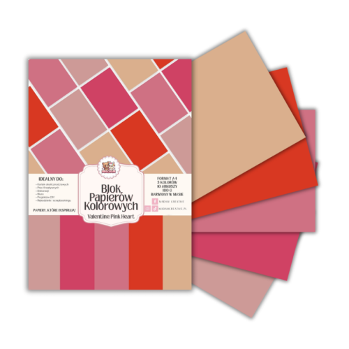Blok papierów kolorowych A4 180g 10 arkuszy Valentine Pink Heart, MaDam Creative