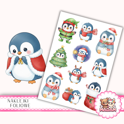 Naklejki foliowe 13x19 Kawaii Pingwin Świąteczny MaDam Creative