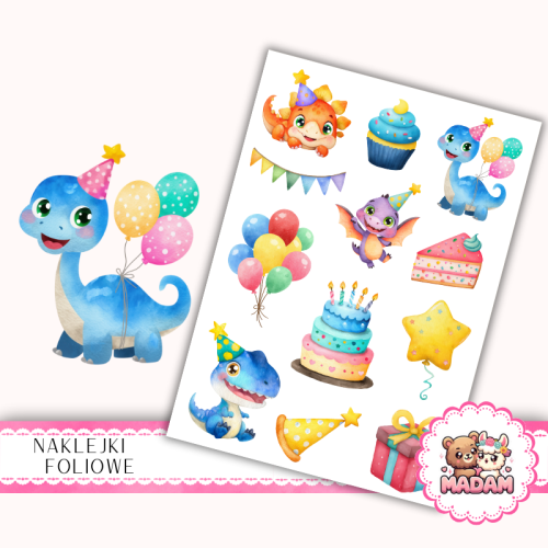 Naklejki foliowe 13x19 Urodziny Dinozaurów MaDam Creative
