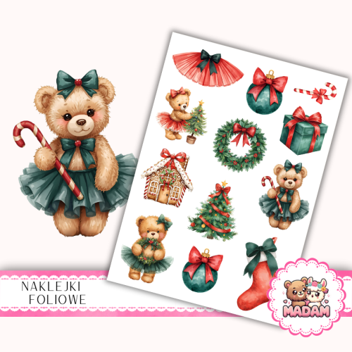 Naklejki foliowe 13x19 Świąteczny Miś Baletnica MaDam Creative