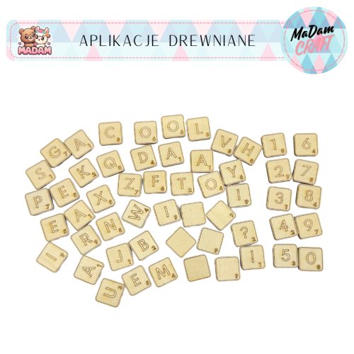 Aplikacje drewniane Alfabet kostki 2x2 cm 54 elementy, MaDam Creative