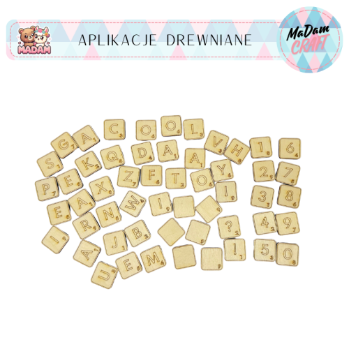 Aplikacje drewniane Alfabet kostki 2x2 cm 54 elementy, MaDam Creative