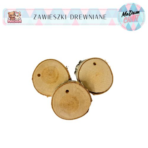 Zawieszki plastry drewna ze sznurkiem 5-7 cm 3 sztuki, MaDam Creative