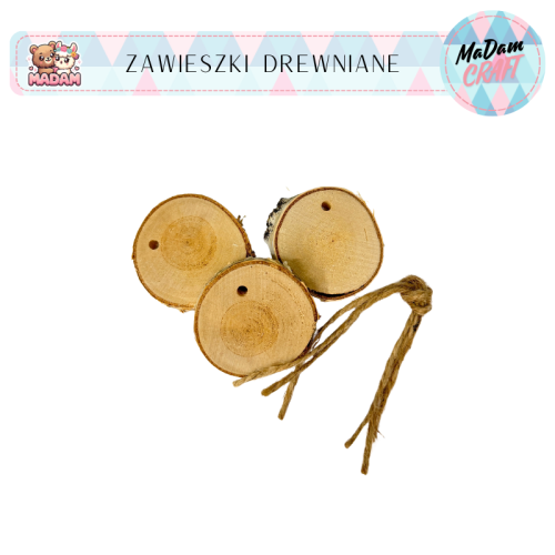 Zawieszki plastry drewna ze sznurkiem 5-7 cm 3 sztuki, MaDam Creative