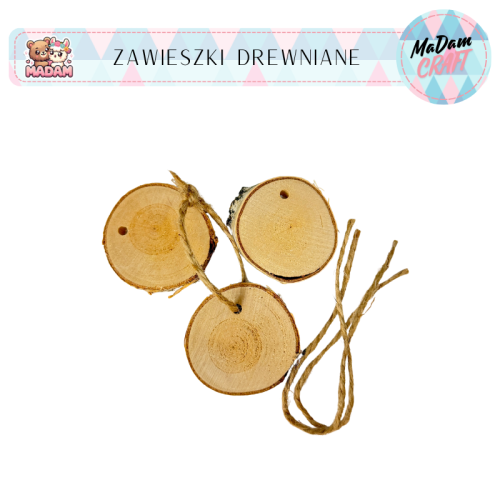 Zawieszki plastry drewna ze sznurkiem 5-7 cm 3 sztuki, MaDam Creative
