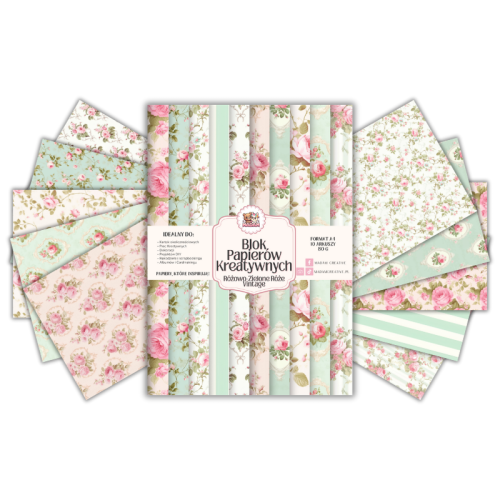 Blok Papierów Kreatywnych Różowo-Zielone Róże Vintage – do Scrapbookingu i Journalingu MaDam Creative