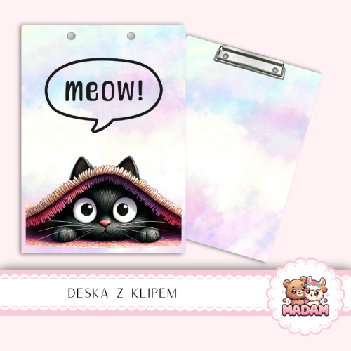 Deska z klipem podkładka A5 Czarny Kot Meow Kocyk MaDam Creative