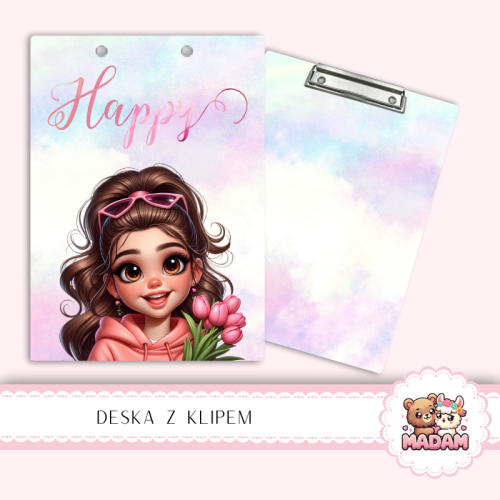 Deska z klipem podkładka A5 Dziewczyna Happy z Tulipanami MaDam Creative